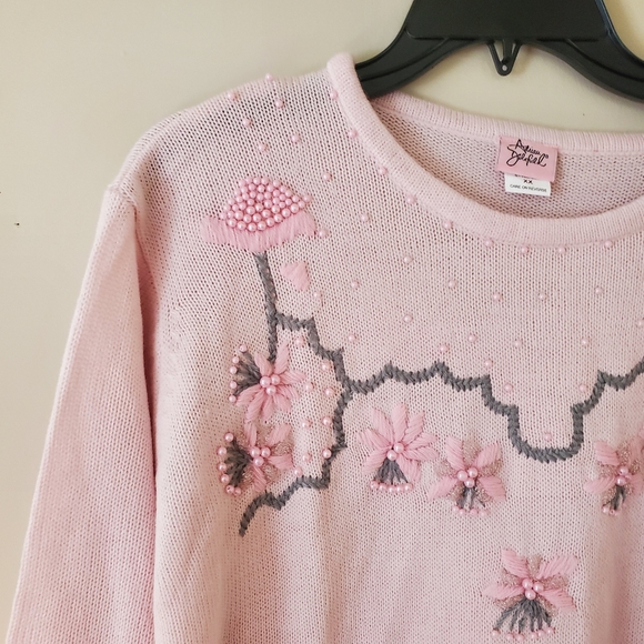 Vintage Embroidered Monochromatic Pink Grandmacore Crewneck Sweater Size XXL - Picture 7 of 11